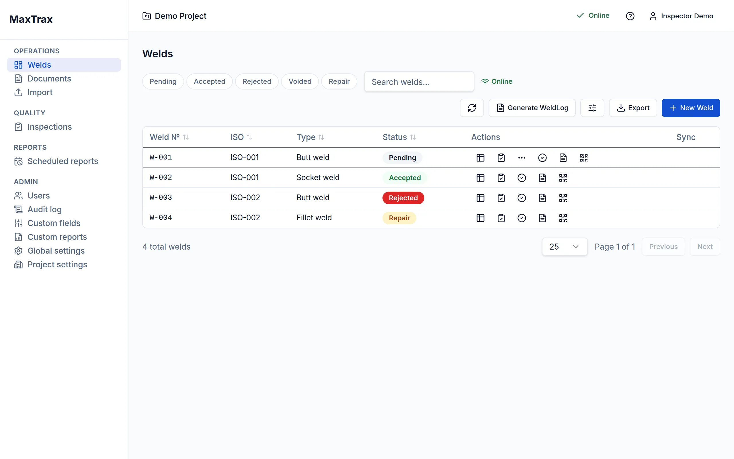 The MaxTrax Welds screen: a navigation sidebar, a project selector and account menu along the top, and a table of welds showing weld number, ISO, type, and a colored status badge — Pending, Accepted, Rejected, and Repair.